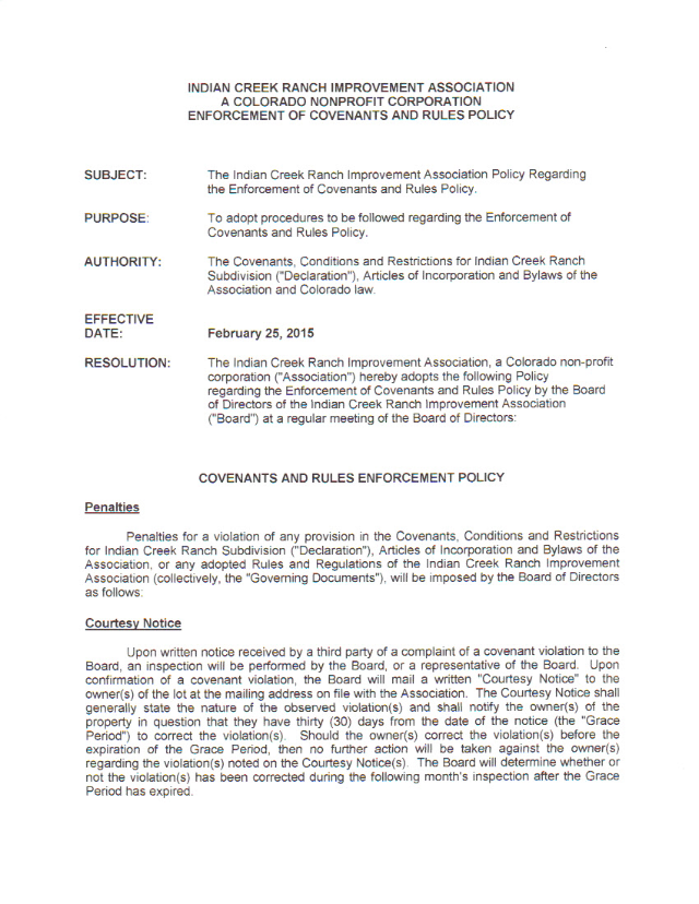 Enforcement of Covenants Rules Policy